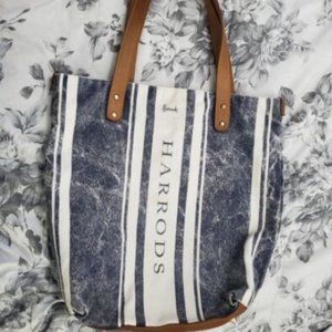 Blue and White Canvas Tote Leather Straps, Bottom, Metal Feet